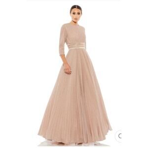 Mac Duggal Shimmering Pleated 3/4 Sleeve A-Line Ball Gown Rose Gold 4 30700